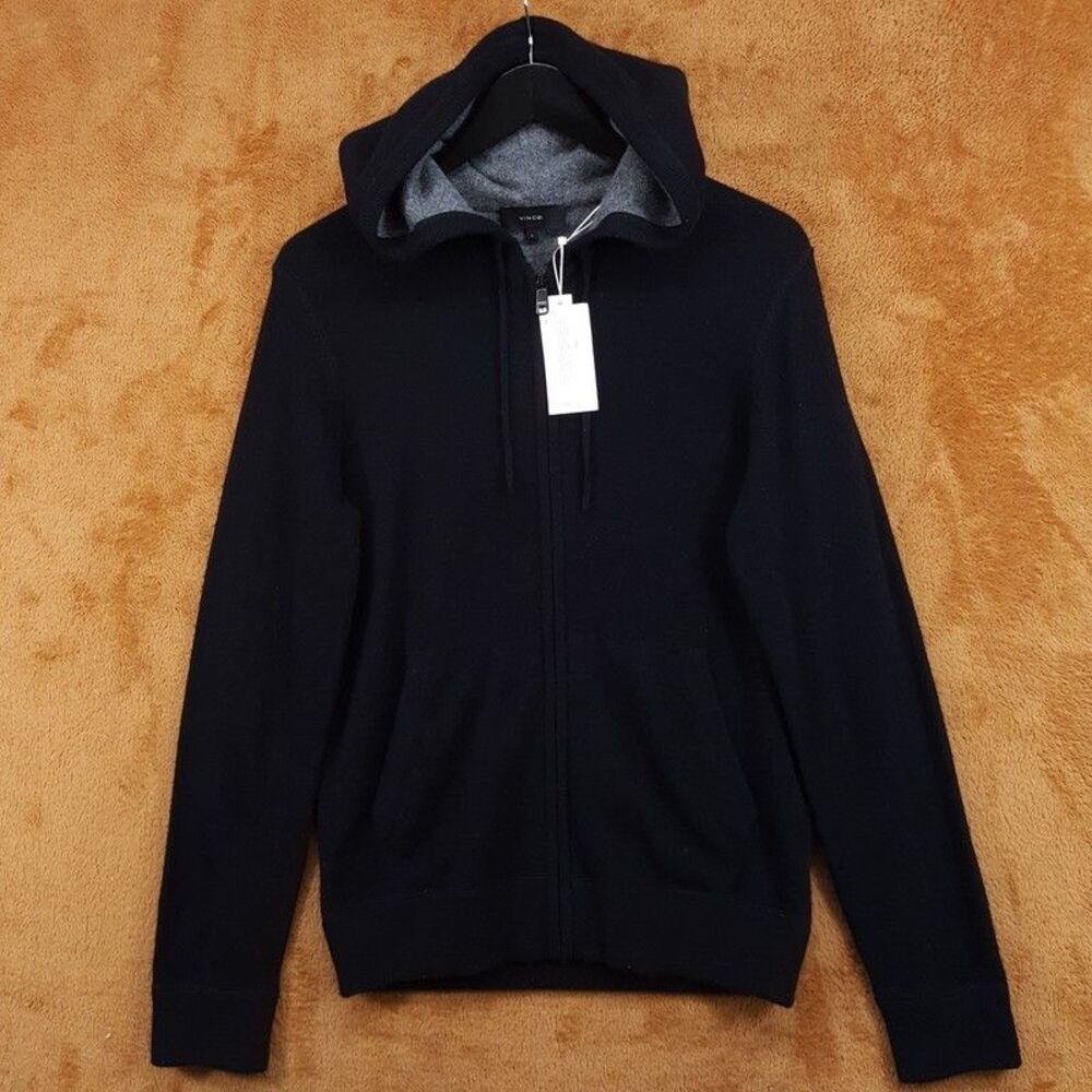 VINCE Sweater Mens Small Black Zip Up 100% Cashmere Hoodie Gray Trim $495